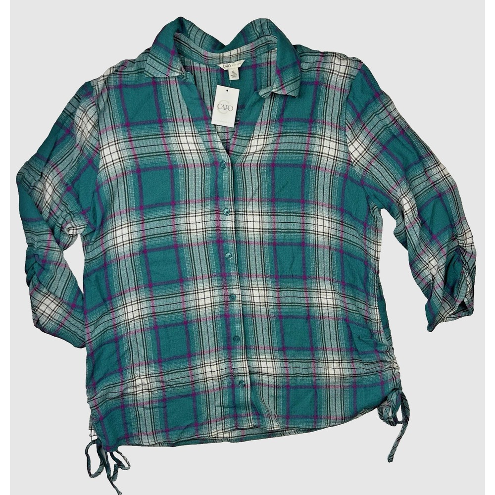NWT Cato Sweet Fanfare  3/4 gathered sleeve with turq plaid size XL Grandmacore